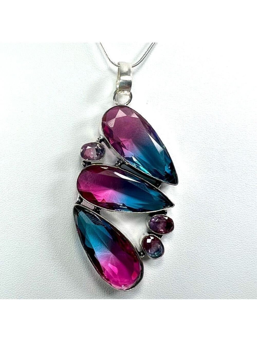 Bi-color Tourmaline 925 Synthetic Gemstone Large Pendant